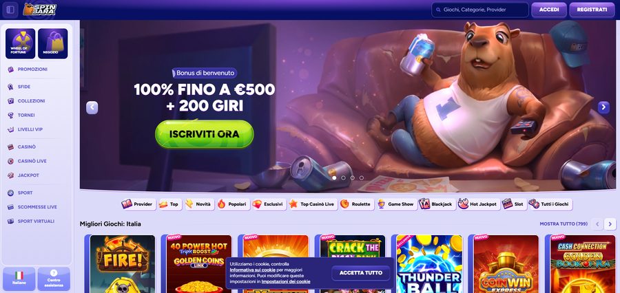 Screenshot interfaccia Spinbara – homepage agosto 2026