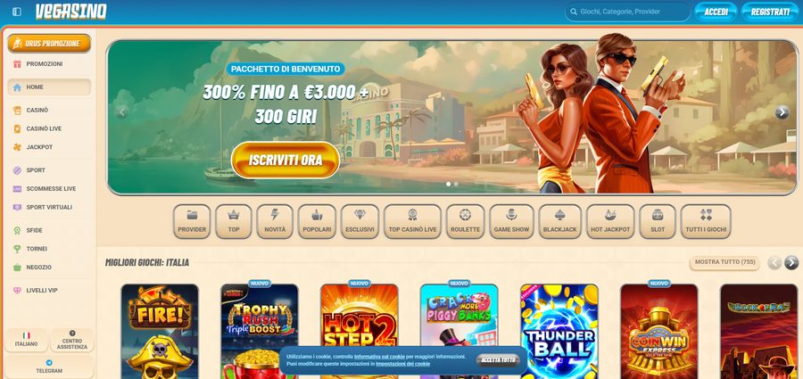Screenshot interfaccia Vegasino – homepage agosto 2026